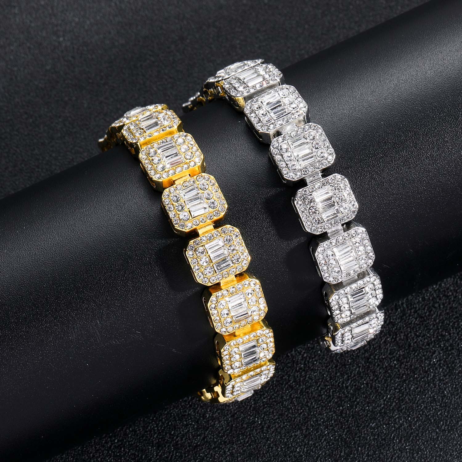 Men's Cuban Link Bracelet With Square And Round Crystals_voghion.com
