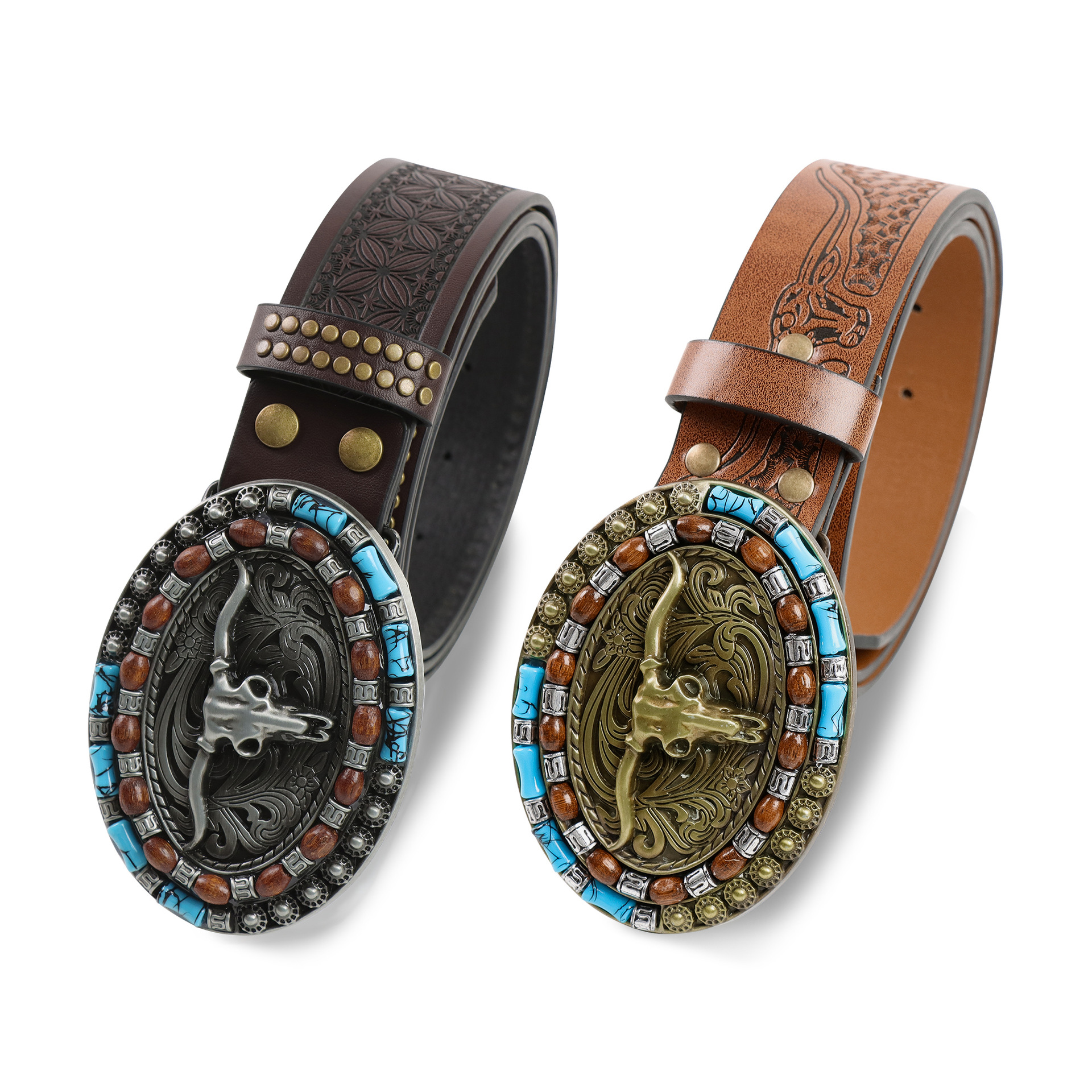 男士西部牛仔皮带 牛头跨境潮流压花复古 青年休闲百搭腰带跨境款