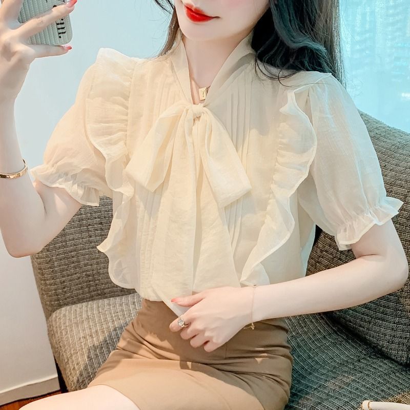 法式荷叶边减龄宽松雪纺衫女2025春秋甜美气质蝴蝶结百搭长袖上衣|undefined