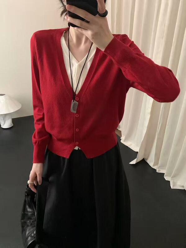 拼接假两件V领针织开衫女2025春秋季设计感短款毛衣修身灰色上衣|undefined