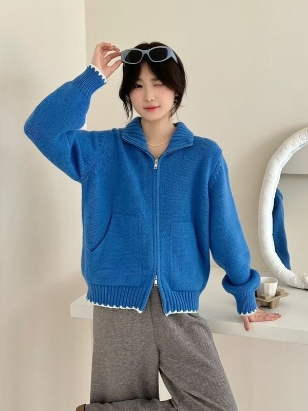 韩系复古双拉链翻领针织开衫女秋冬新款宽松显瘦百搭休闲毛衣外套|undefined