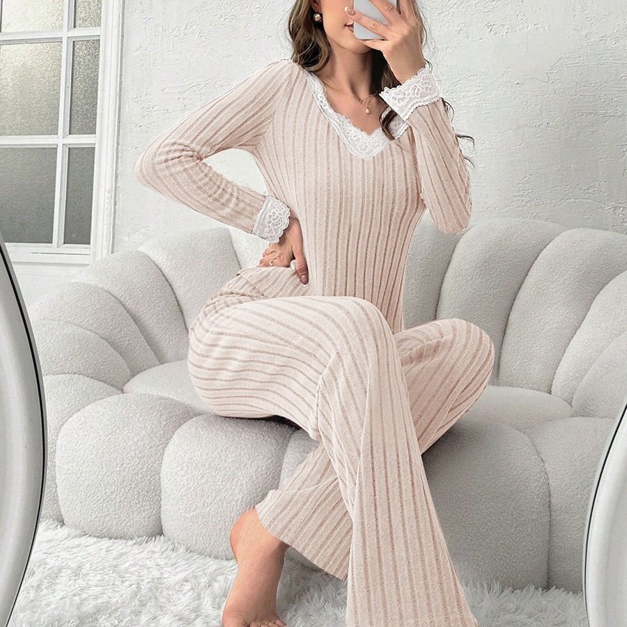 Pijama de Encaje con Cuello en V para Mujer Set de 2 piezas de poliéster, transpirable, cálido, para el hogar y exteriores