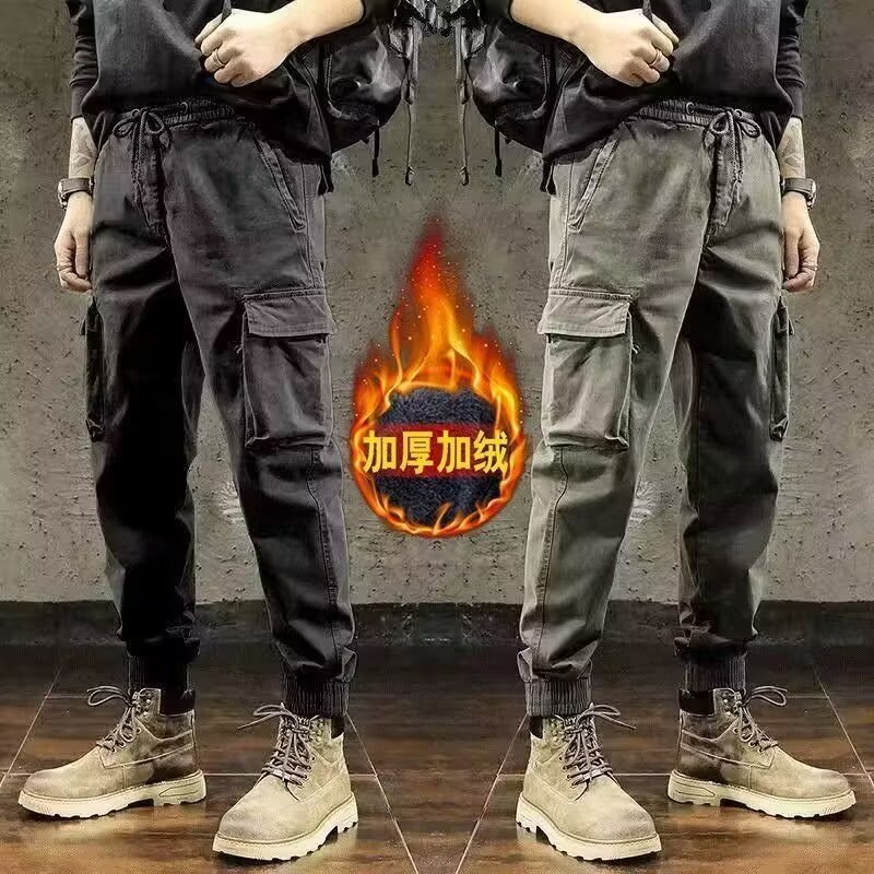 American Retro Trendy Brand Cargo Pants for Men, Autumn and Winter New Loose Versatile Plus-Size Fleece Casual Jogger Pants