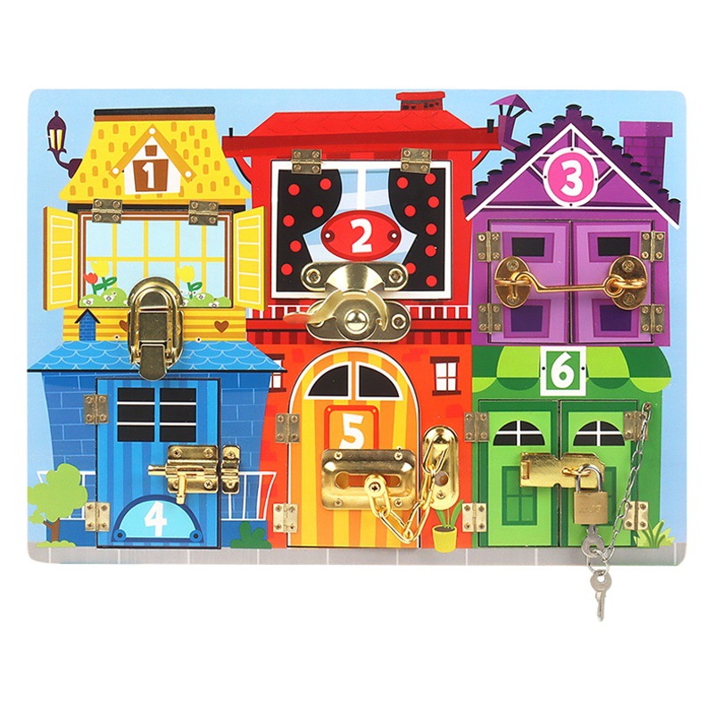 Niños transfronterizos de madera desbloqueo ocupado tablero bebé casa puerta apertura aprendizaje desbloquear rompecabezas educación temprana juguetes educativos de madera