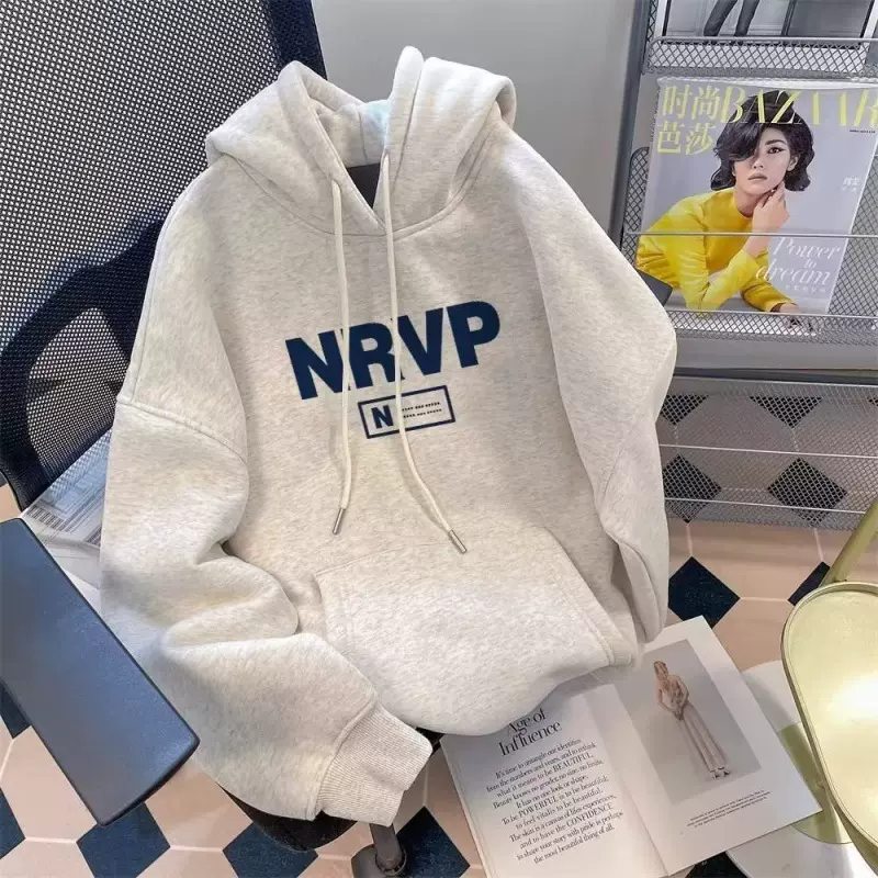 秋冬男士韩系时尚印花字母连帽卫衣男痞帅潮流美式加绒浅灰色卫衣