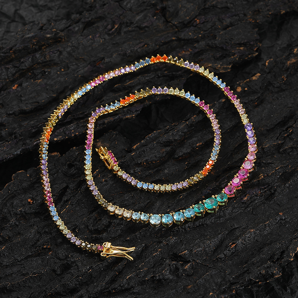 Geometric Pattern Three-Claw Gradient Color Zircon Tennis Necklace New Trendy Unique Chain Hip Hop Style Style Twin