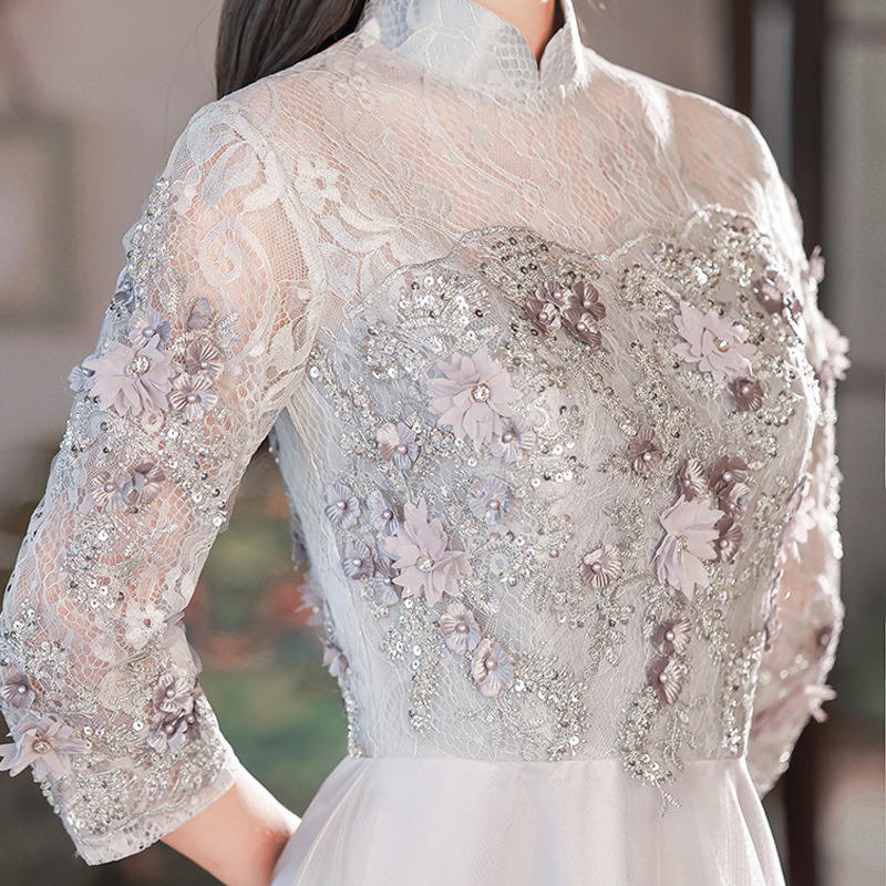 Estilo chino cheongsam vestido de compromiso para las mujeres 2024 nuevo elegante luz de lujo anfitrión bienvenida etiqueta vestido de noche arte prueba
