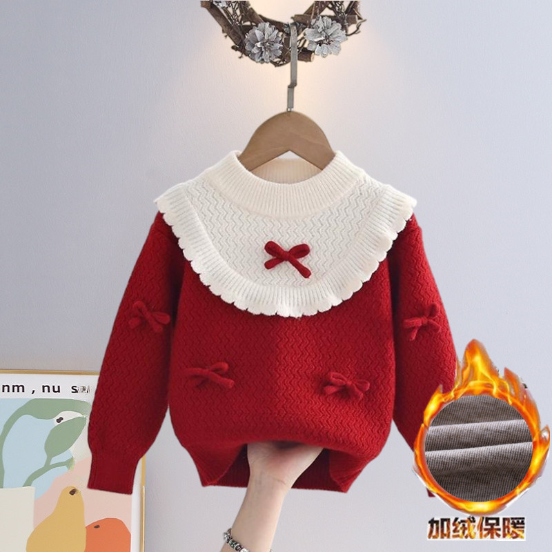 Girls' Red Thick Knit Sweater 2025 Autumn and Winter New Children's Fashionable Trendy Wholesale Children's Clothing Girls' Red Thick Knit Sweater 2025 Autumn and Winter New Children's Fashionable Trendy Wholesale Children's Clothing