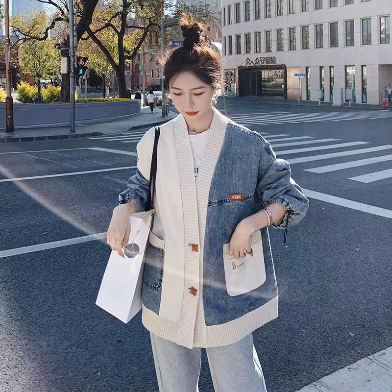 Джинсовое пальто, Женское пальто поздней осени, Новый Модный женский вязаный кардиган в гонконгском стиле, Свободное пальто