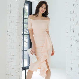 跨境春夏新款韩版性感露肩一字领荷叶侧垂片包臀显瘦礼服连衣裙