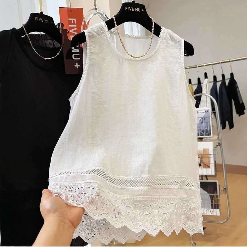 Plus-Size Women's 100kg High-End Lace-Trimmed Round-Neck Sleeveless Tank Top T-Shirt, Loose and Stylish Cotton-Linen Blouse