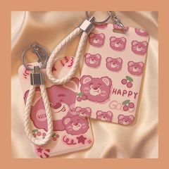 Strawberry Bear School Student Card Holder Meal Card Bus Subway Access Card Water Card Workplace ID Card Document Protection Case Lanyard