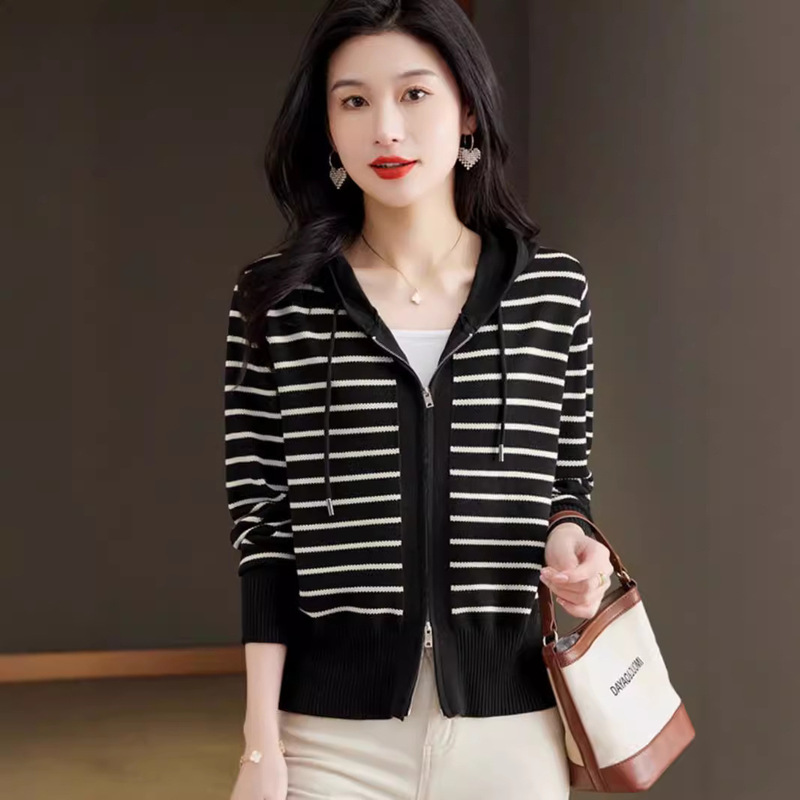 Brand Striped Hat Cardigan Knitwear Women's Clothing 2025 Autumn Comfortable Casual Loose Lazy Style Wool Sweater Jacket