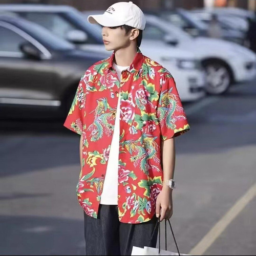 Japanese-style Ins Hong Kong-style summer short-sleeve floral shirt for men and women, retro cool-hacker Hawaii beach couple loose T-shirt