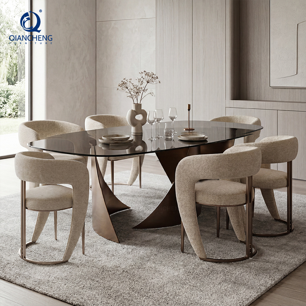 Mesa de comedor de cristal para 8 personas, vidrio templado y acero inoxidable, para restaurante