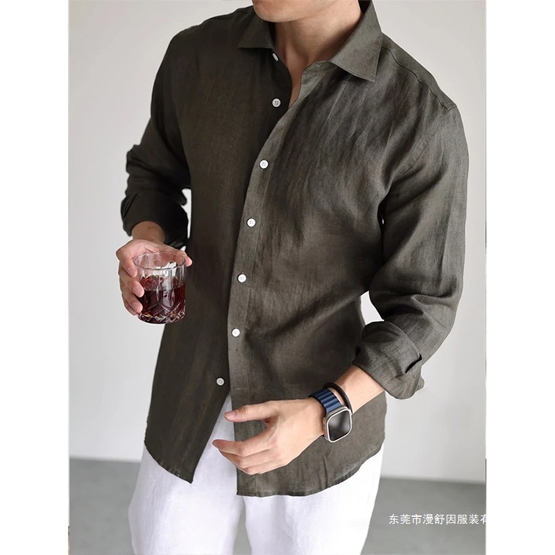 Army Green Linen Long-Sleeved Shirt Men's Summer Thin Breathable Cool Shirt Old Money Style Lazy and Relaxed Jacket