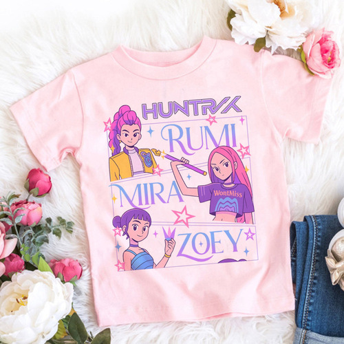 Kpop Demon Hunter T-shirt, children's cartoon anime meme print clothes, round collar basic boy's top casual