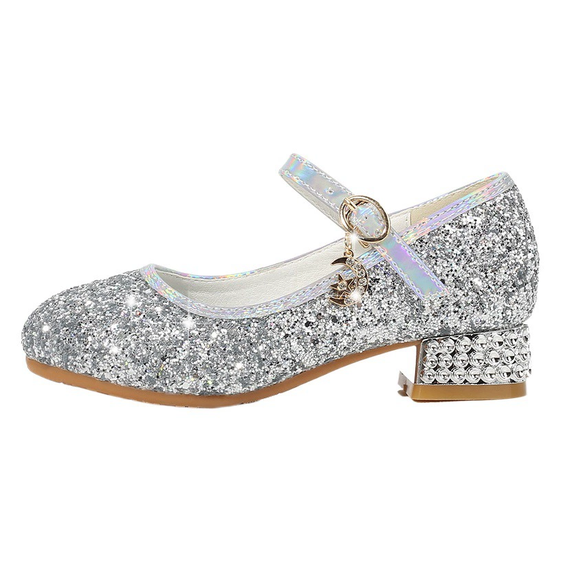 Принцесса туфли для девочек Платье Серебряное шоу Хрустальные туфли Летние детские туфли на высоком каблуке Модель на подиуме Кожаные туфли