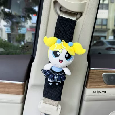 Authentic Powerpuff Girls Plush Doll Sürətlər qutusu və əl tormozu başlıqları - genuine-powerpuff-girls-shoulder-cover-black-linen-yellow-hair-bubbles-yellow-hair-clip-blue-skirt
