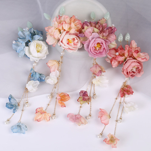 Hanfu fairy dress  head silk flowers for women girls hair hairpin ancientry tire pressure restore ancient  long tassels headdress flower hair clip song system