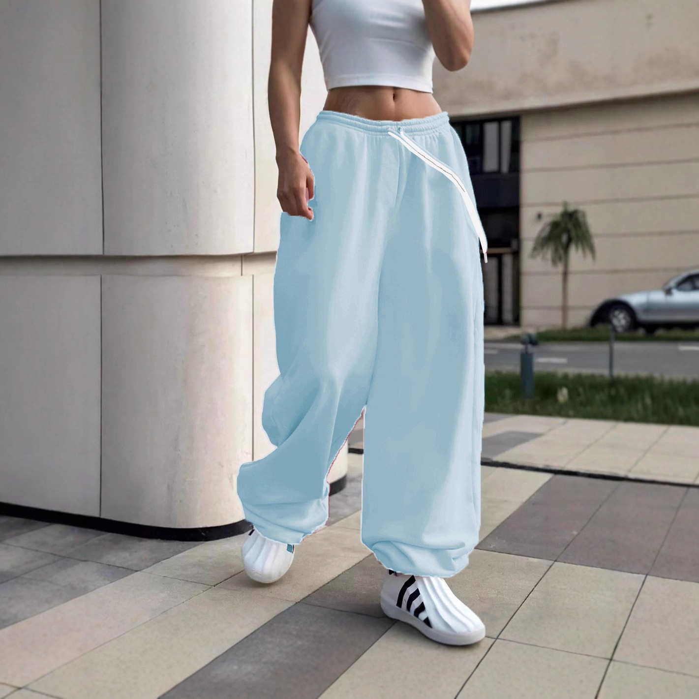 跨境欧美风宽松阔腿休闲裤女抽绳松紧腰垂感长裤潮流百搭运动卫裤