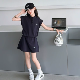 女童夏季Polo衫套装中大童时髦无袖上衣裙裤两件套运动风透气夏装