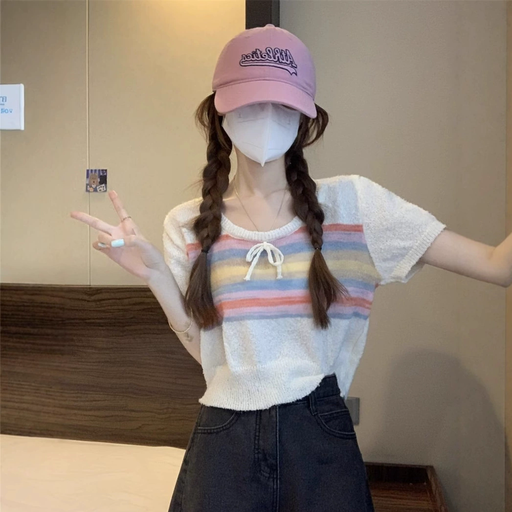 Трансграничный новый сладкий ветер бант радуга в полоску шерстяной свитер женский летний тонкий ледяной шелк с короткими рукавами топ