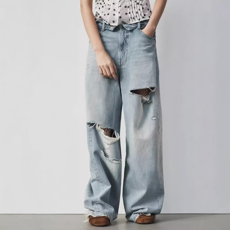 Cross-Border European and American Fashion Aliexpress American Retro Hot-Selling Mid-Waist Light Blue Gradient Ripped Jeans Cross-Border European and American Fashion Aliexpress American Retro Hot-Selling Mid-Waist Light Blue Gradient Ripped Jeans