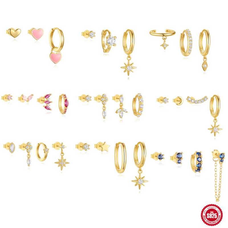 Moda europea y americana estilo ins s925 plata esterlina estrella de ocho puntas básico a juego diario temperamento traje de pendientes de aretes de moda