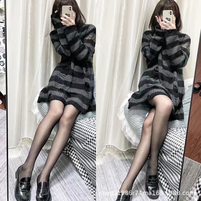 Ripped Hollow Mid-Length Sweater for Women Striped Loose Color Dark Versatile Knitted Sweater Niche Punk