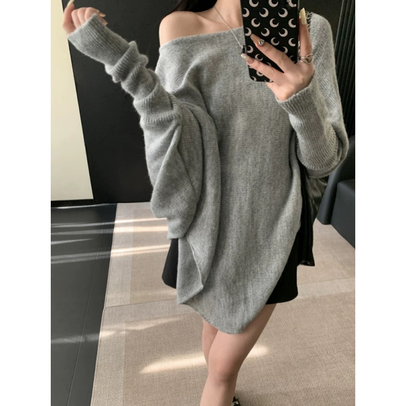 慵懒风领针织衫毛衣外套2025秋冬新款不规则设计感蝙蝠袖女上衣|undefined