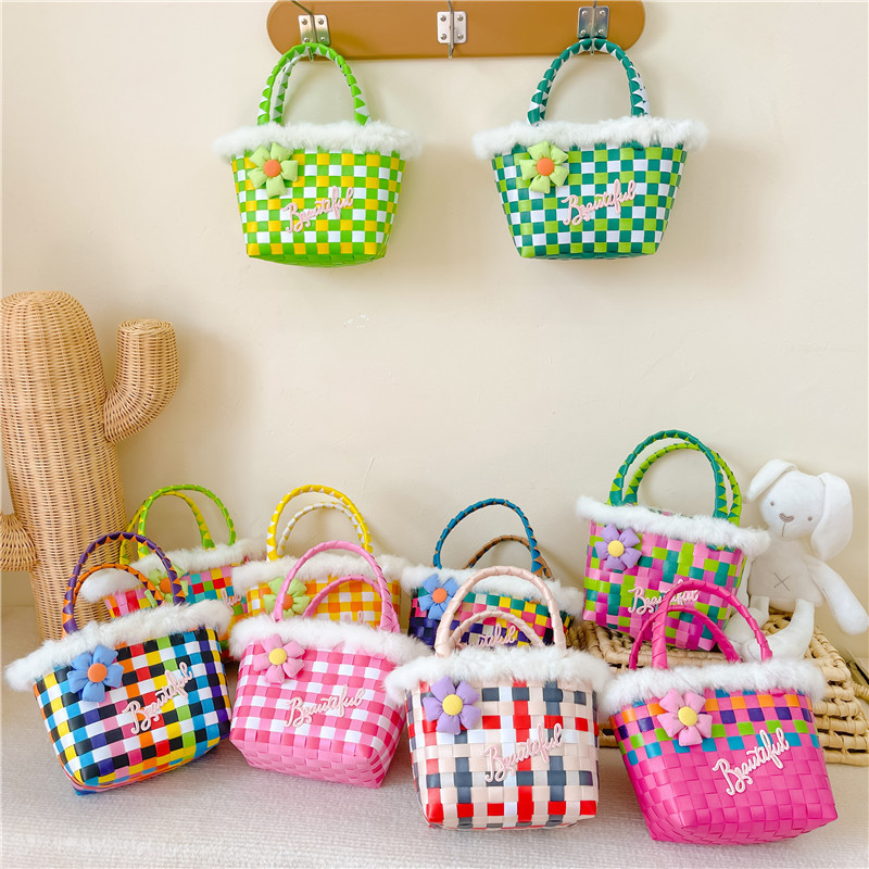 Nueva cesta de alimentos Internet celebridad bolso mano-llevar a cuadros Arco Iris tejido pequeño bolso cuadrado de las niñas de dibujos animados de ajedrez bandeja de almacenamiento bolsa