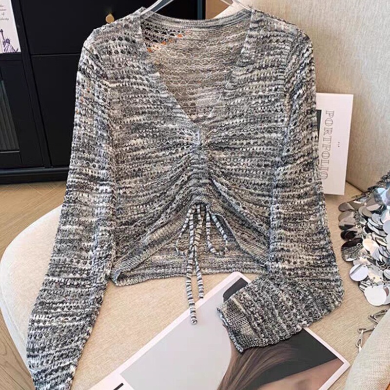 New Design Hollow-Out Pleated V-Neck Long-Sleeve Knit Sweater for Women, Slim-Fit Pullover Mesh Top