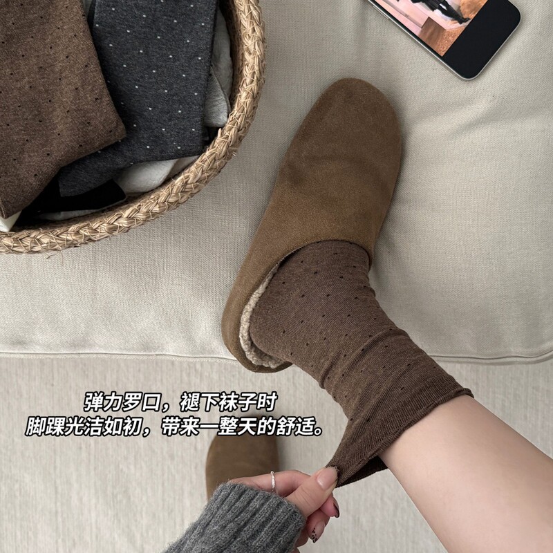 Polka Dot Socks for Women, Spring and Autumn Lace Mid-Tube Cotton Socks, Melad Coffee Color, Paired with Birkenstock Shoes, Korean Style Simple Slouch Socks