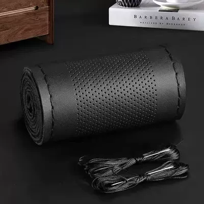 Hand-Stitched Steering Wheel Cover, Breathable, Non-Slip, Universal for All Seasons, Genuine Leather Car Steering Wheel Cover, Volkswagen Steering Wheel Cover, Car Aromatherapy (Steering wheel cover) - eco-calfskin-leather-perforated-black-stitching-38