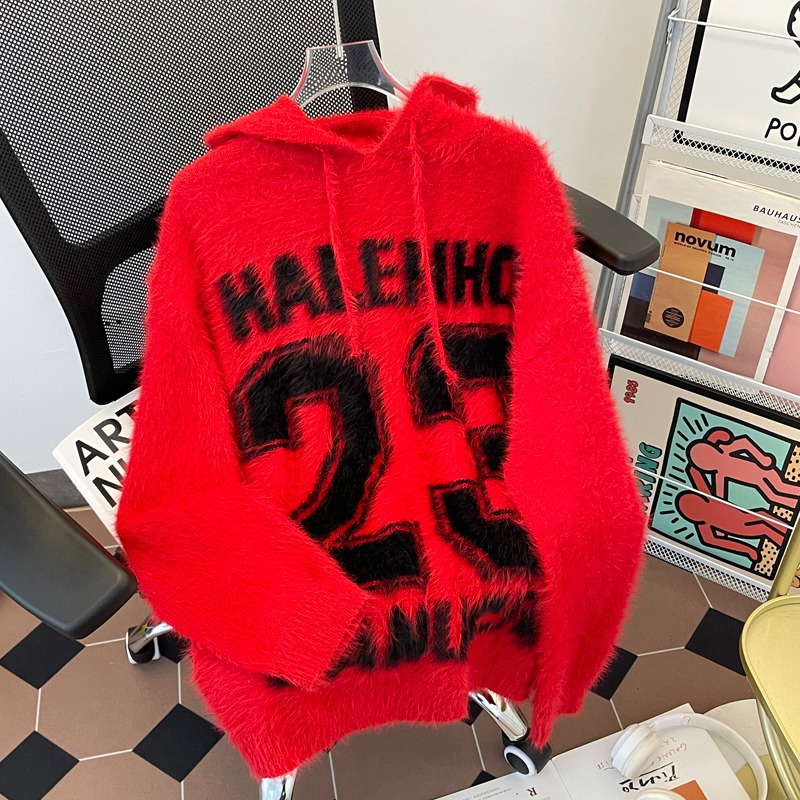 American retro letras Jacquard diseño sensación de suéter encapuchado para hombres y mujeres otoño y invierno nuevo suéter de punto relajado casual versátil