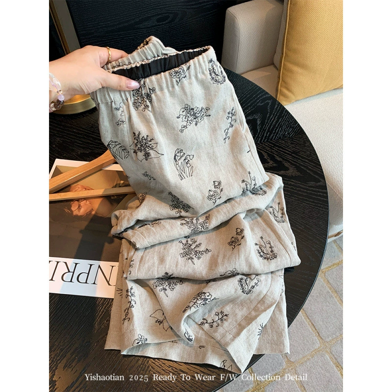 Винтажные льняные широкие брюки с цветочной вышивкой для женщин, новый летний дизайн, нишевые свободные удобные повседневные брюки