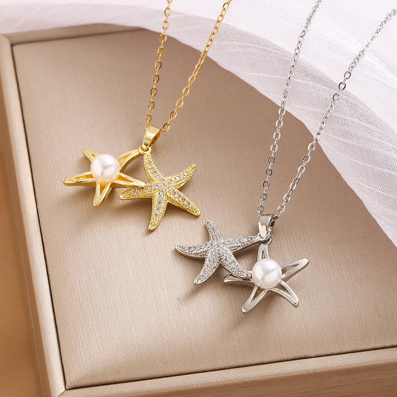 Holiday, Daily Occasion 304 Stainless Steel Material Starfish Pattern Wholesale Jewelry Casual Beach Starfish 304 Stainless Steel Pearl Zircon Plating Inlay Pendant Necklace