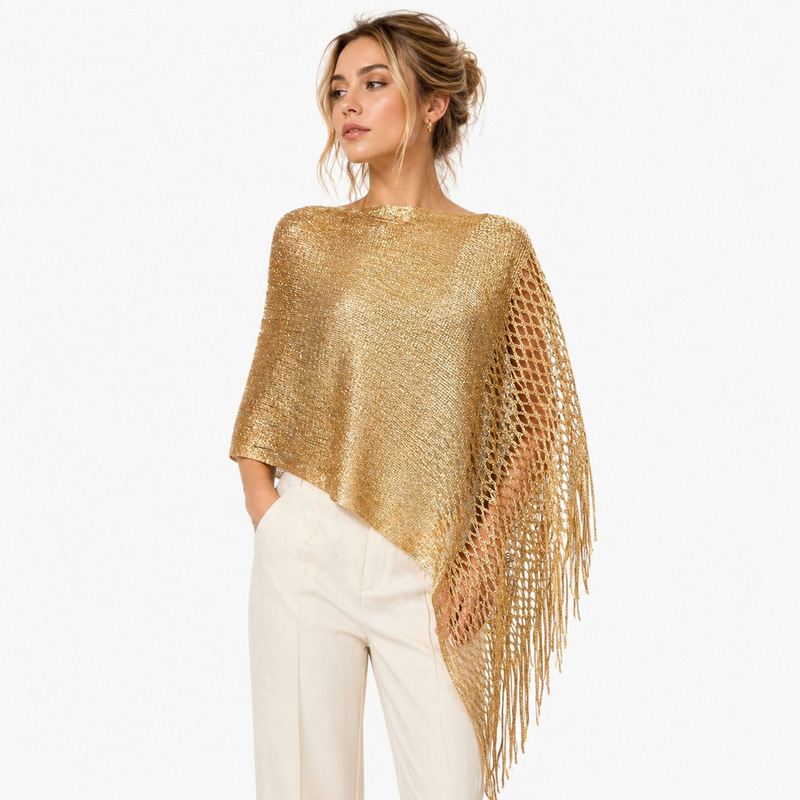 2026 Spring/Summer European and American Cross-Border Gold and Silver Thread Mesh Tassel Hollow Knit Shawl for Women, Fashionable Outerwear for Evening Parties 2026 Spring/Summer European and American Cross-Border Gold and Silver Thread Mesh Tassel Hollow Knit Shawl for Women, Fashionable Outerwear for Evening Parties