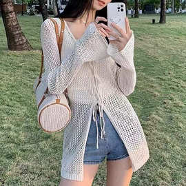 镂空防晒针织开衫女薄款夏外搭系带上衣中长款空调衫冰丝罩衫外套