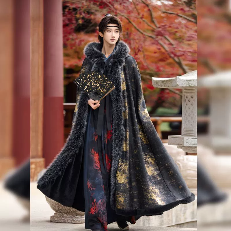 Мужские и женские большие плащи накидки Hanfu длинные шерстяные воротники осенью и зимой плюс плюшевый толстый теплый плащ высокого уровня