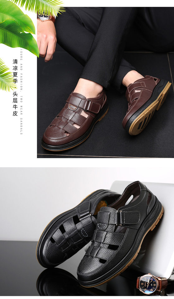 Dép sandal nam da thật đục lỗ thoáng khí chống trượt — Màu nâu, Màu đen chi tiết 8