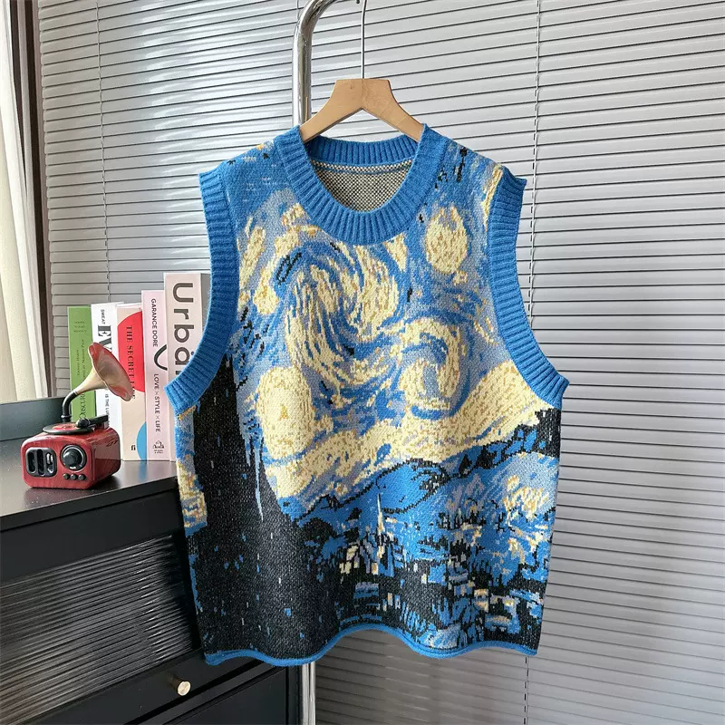 梵高油画系列衣服毛衣设计感马甲针织背心外搭宽松慵懒软糯学院风