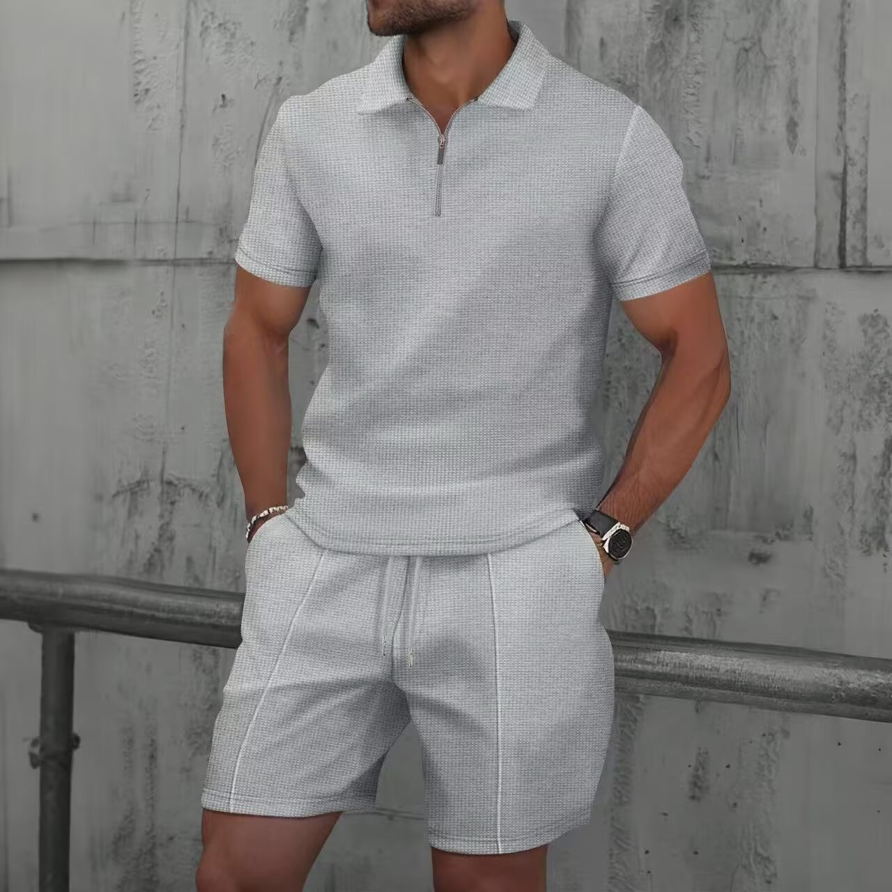 Casual sportswear set polo met wafelstructuur voor heren_voghion.com