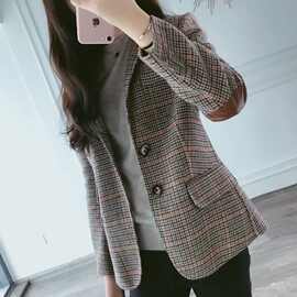 毛呢格子小西装外套女2026春秋新款短款韩版大码复古女士西服上衣