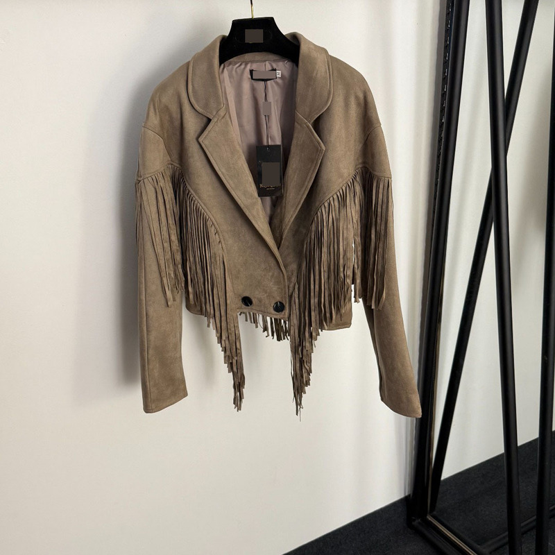 2025 Autumn and Winter Nanyou Classy New Niche Design Fashionable Tassel Splicing Suit Collar Long-Sleeved Buckskin Jacket