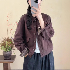 古咖服饰秋季韩版棉质休闲外套女翻领单排扣长袖短款外搭开衫上衣