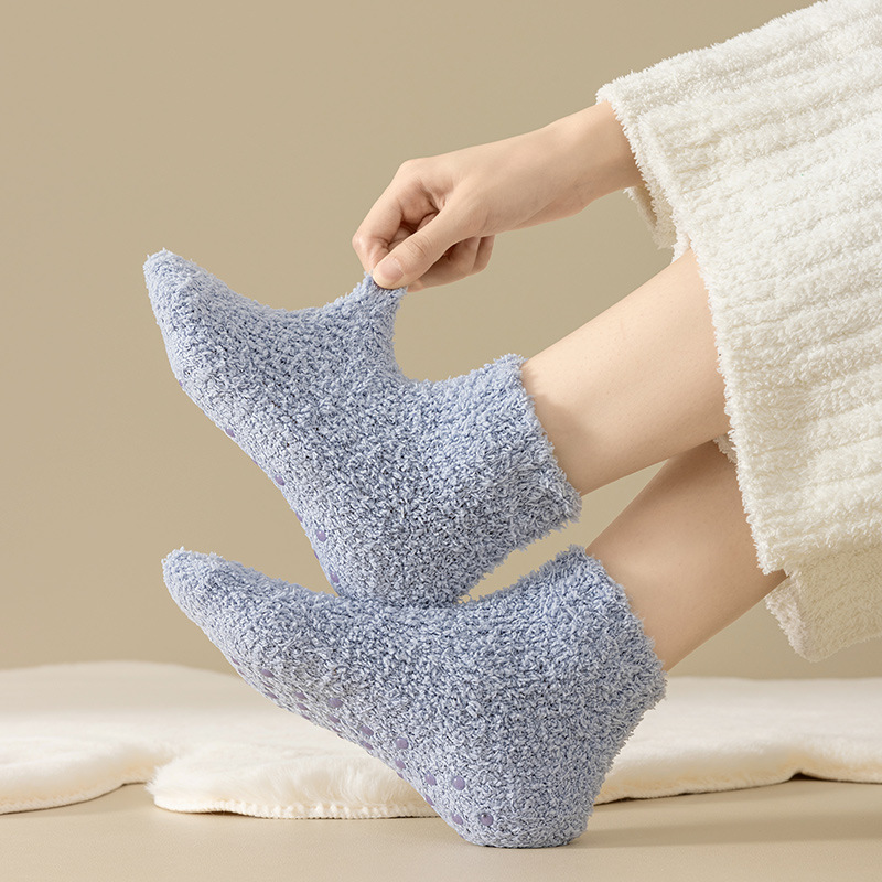 Unisex non slip glued boat socks for women winter thick floor socks solid color slippers socks coral fleece home socks_maomaolike.com