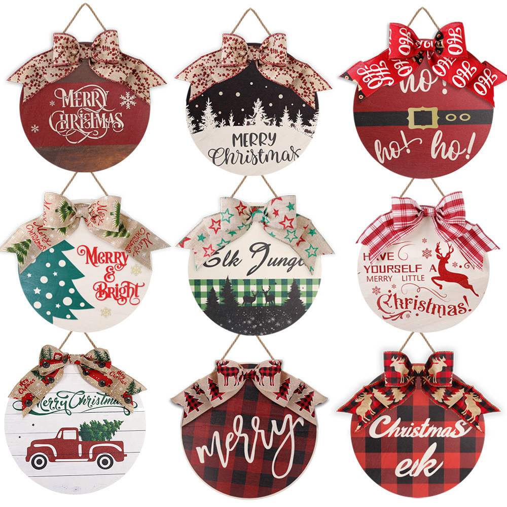 2024 New Wooden Christmas Hanging Round Interior Decoration Hanging Decoration Christmas Decoration Door Number Bow