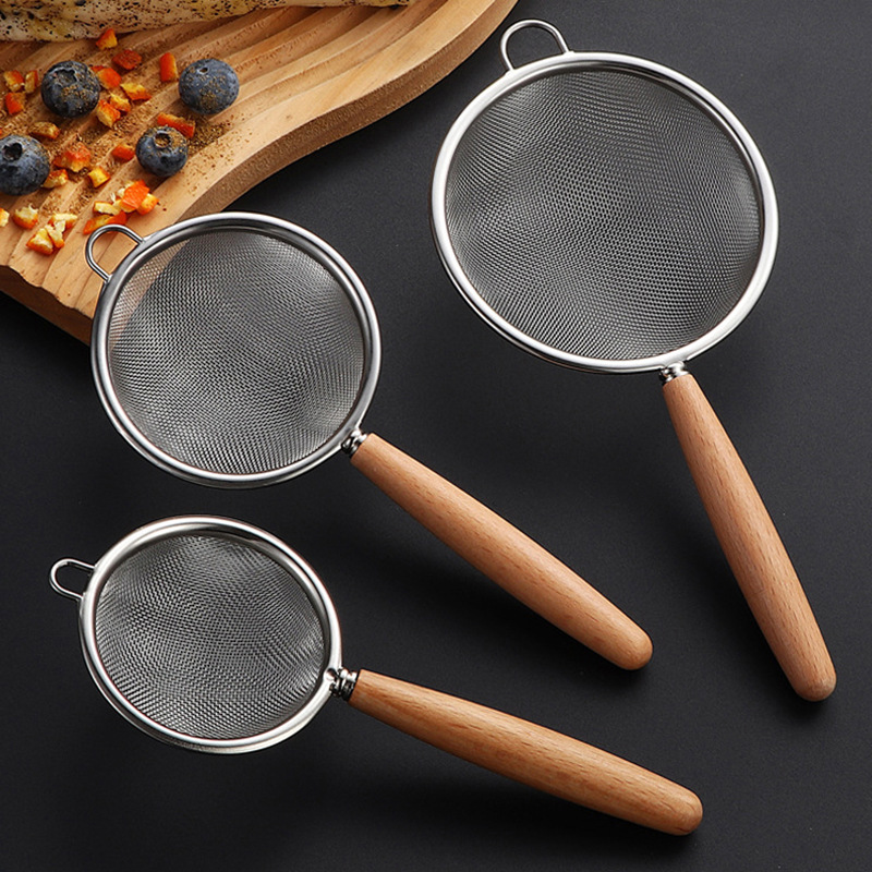 304 acero inoxidable cucharas de madera domésticas cocina de cocina de cocción de harina de harina de leche de soja jugo de tamiz de filtro